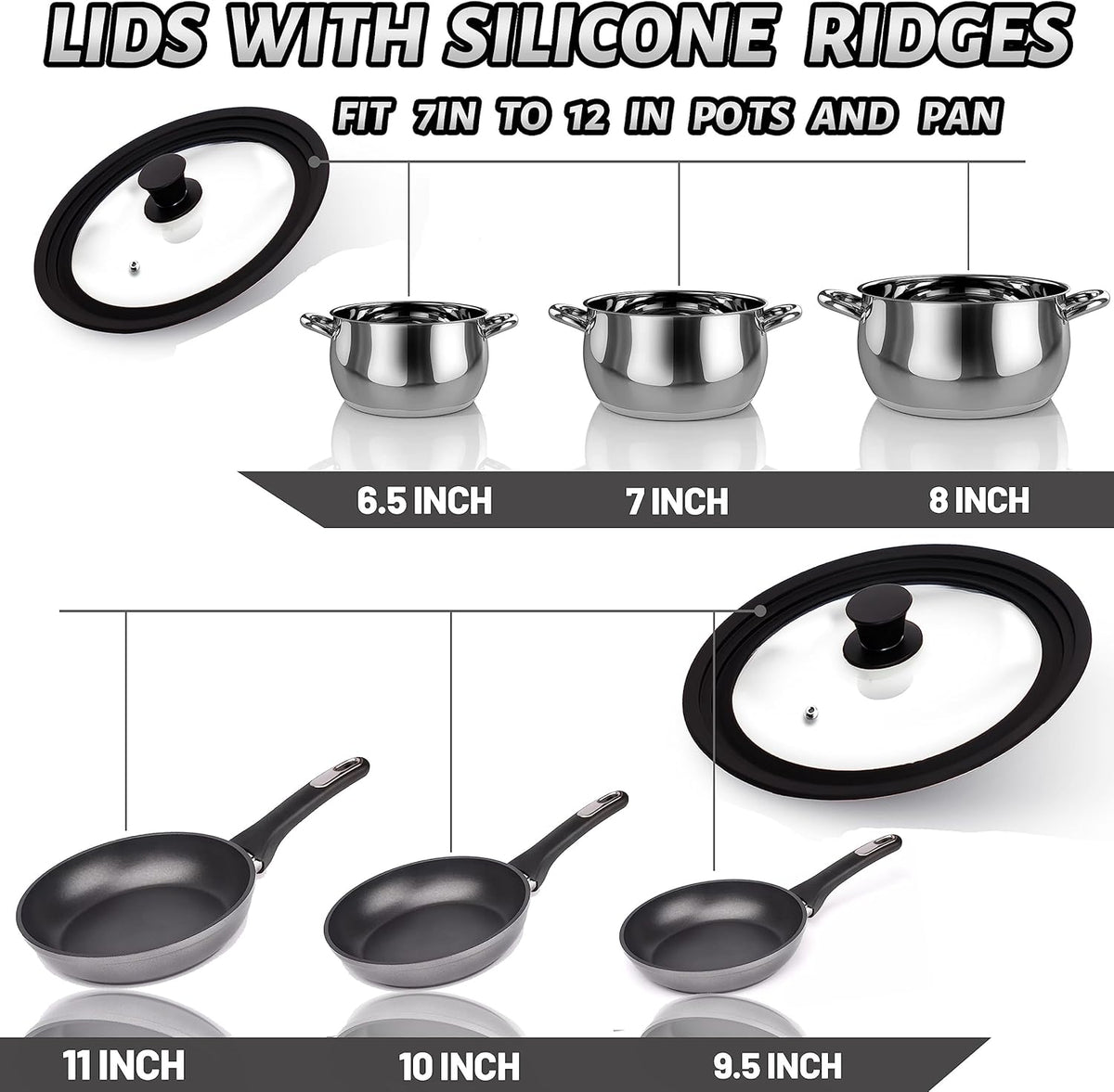 Tempered Glass Lid Set of 2 - Universal Lids with Heat Resistant Silicone Rim for Pots, Pans and Skillets - Pan Cover Replacement Lids Fit 6.5", 7", 8" and 9.5", 10", 11" Diameter Cookware