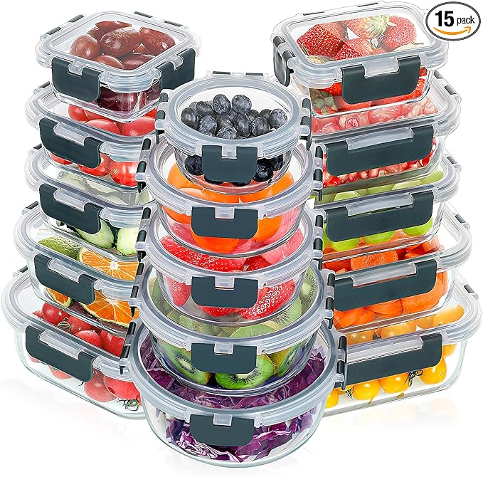 VERONES 30 Pieces Glass Meal Prep Containers Set, Stackable Glass Food Storage Containers with Lids-Airtight Glass Lunch Containers，for Microwave, Oven, Freezer & Dishwasher,Grey