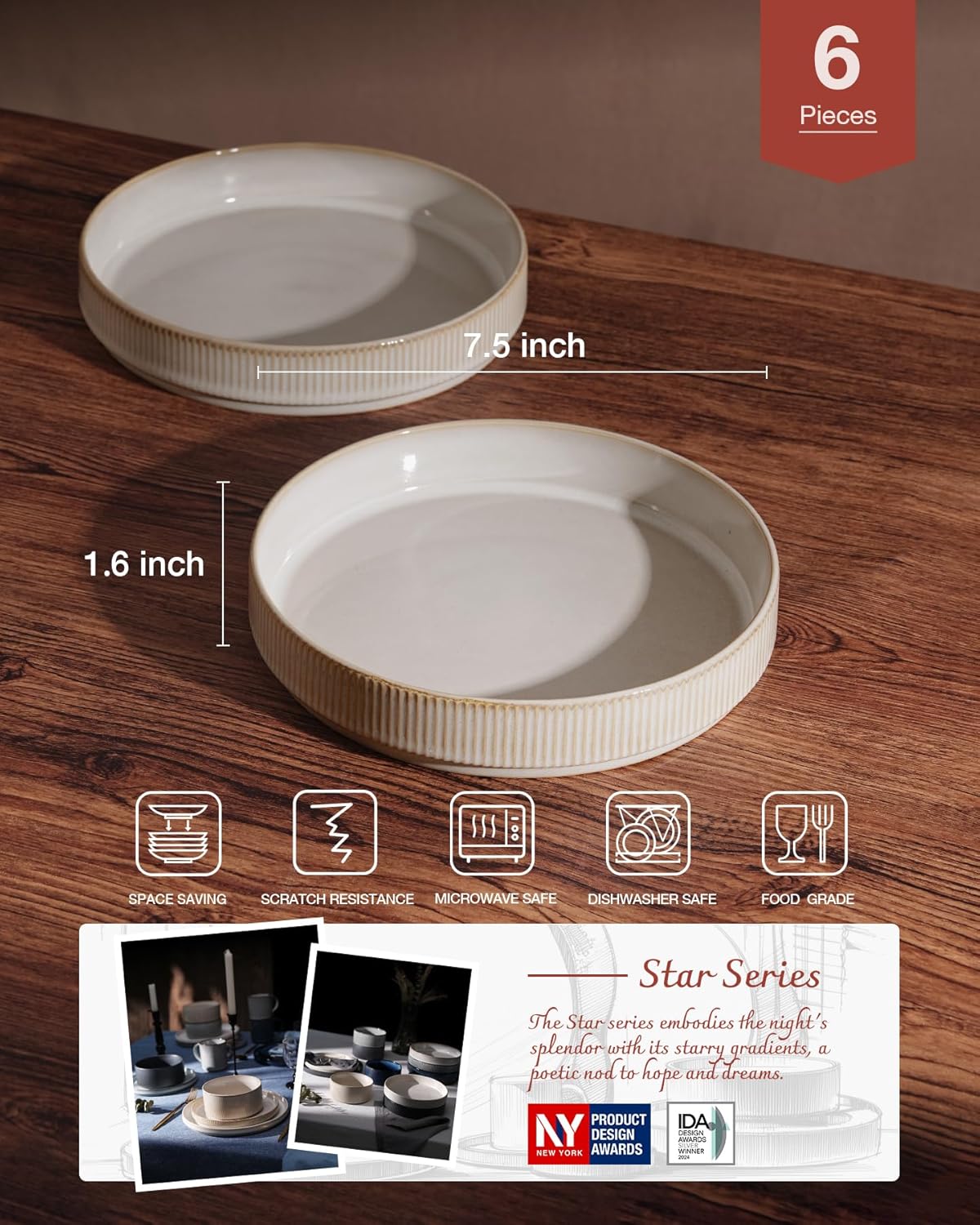 famiware Star 7.5" Pasta Bowls Set, Salad Bowl Set of 6, Double Reactive Glaze, Stackable, Perfect for Your Friend for Housewarming, Thanksgiving, Christmas, Cappuccino White