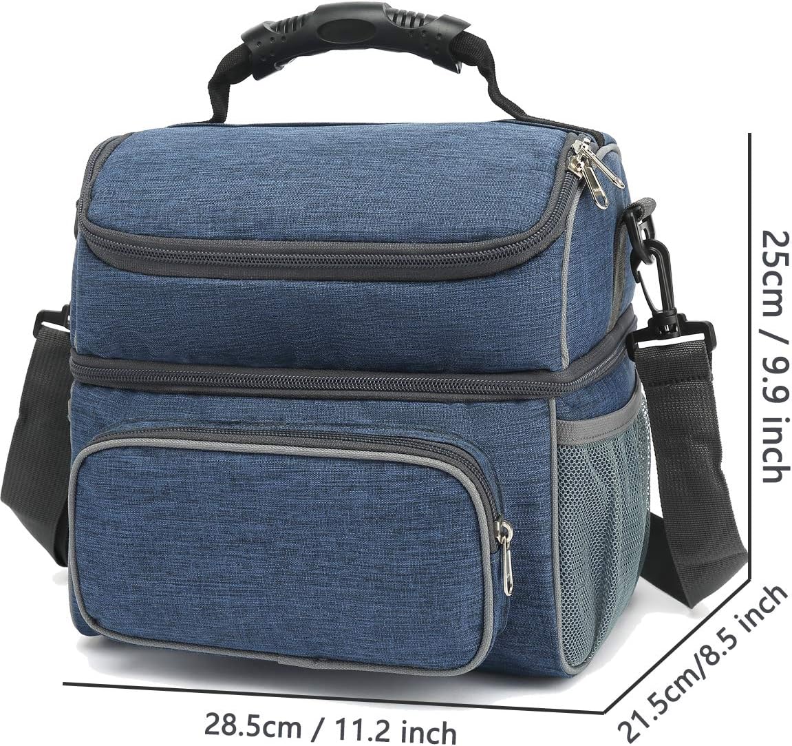 FlowFly Double Layer Cooler Insulated Lunch Bag Adult Lunch Box Large Tote Bag for Men, Women, With Adjustable Strap,Front Pocket and Dual Large Mesh Side Pockets