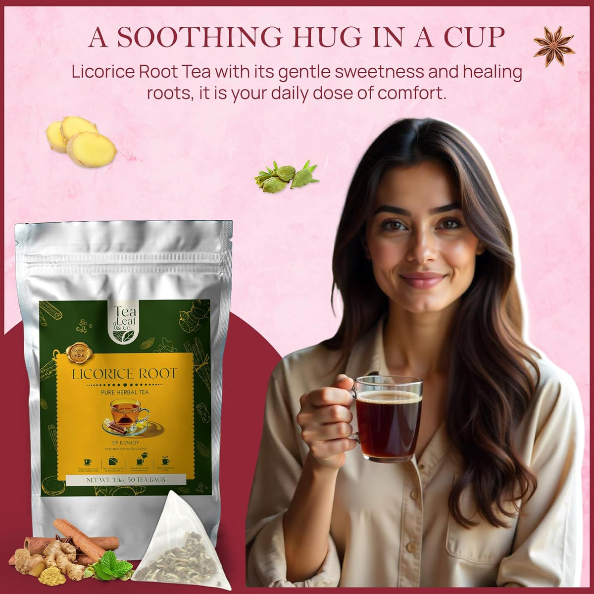 Tealeaf & Co. Licorice Root Tea Blended with Organic Spices - Pure Herbal Tea Bags with Cardamom, Ginger, Cinnamon Sticks & Licorice Root Extract - Low Caffeine - Gluten Free - 50 Teabags