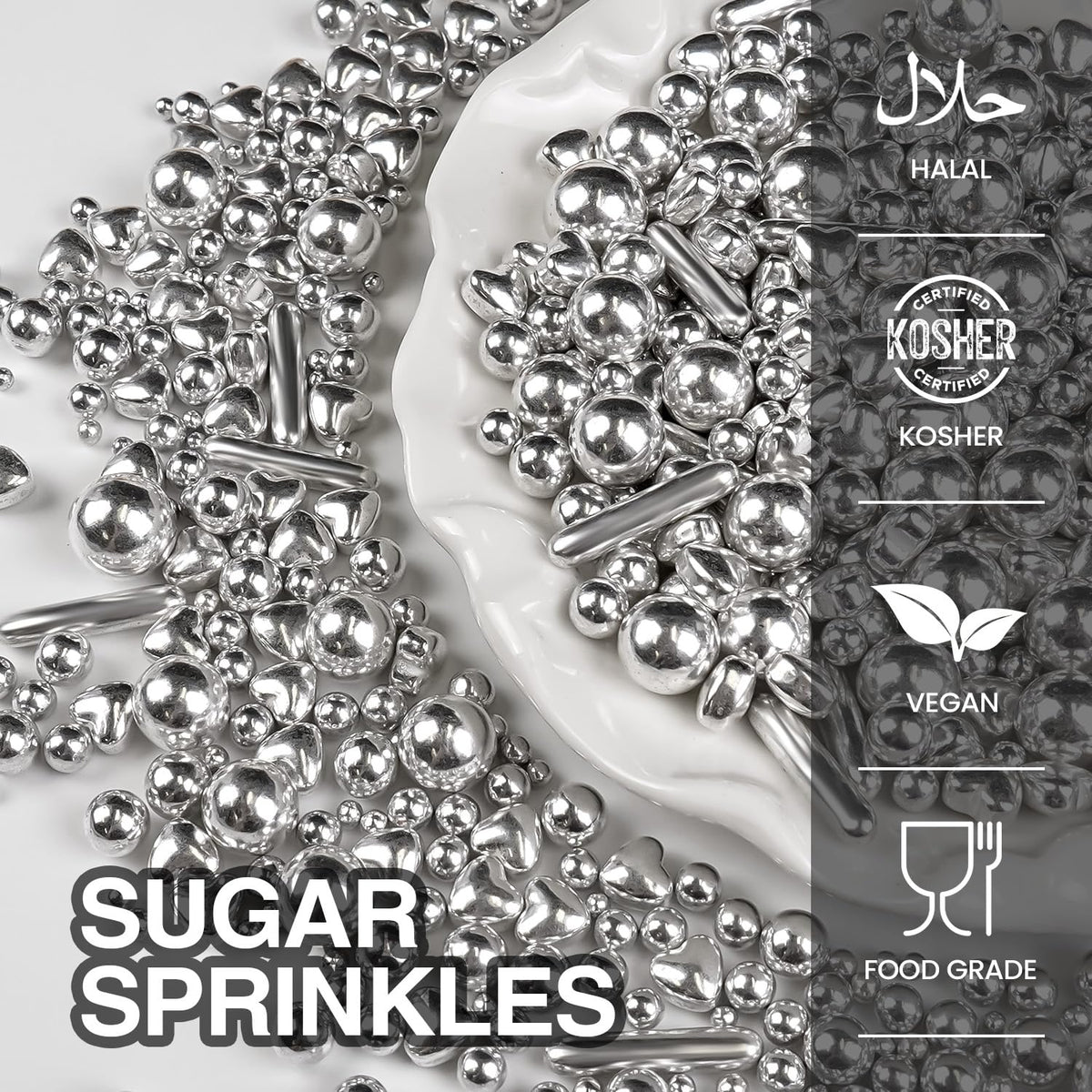 Silver Pearl Rods Heart Sprinkles, Baking Sugar, Silver Sprinkles for Cake, Mix Size, Cupcake Decoration, Holiday, Mother's Day, Wedding Party Supplies