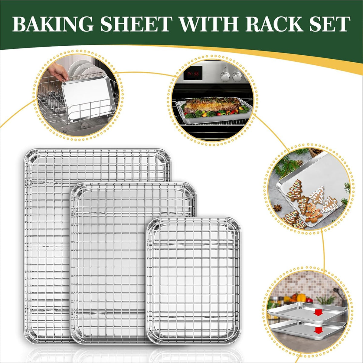 Stainless Steel Cookie Sheets, Baking Sheet Pan Set of 3 with Wire Cooling Rack, Non Stick and Heavy Duty and Easy Clean, 9/12/16 Inch