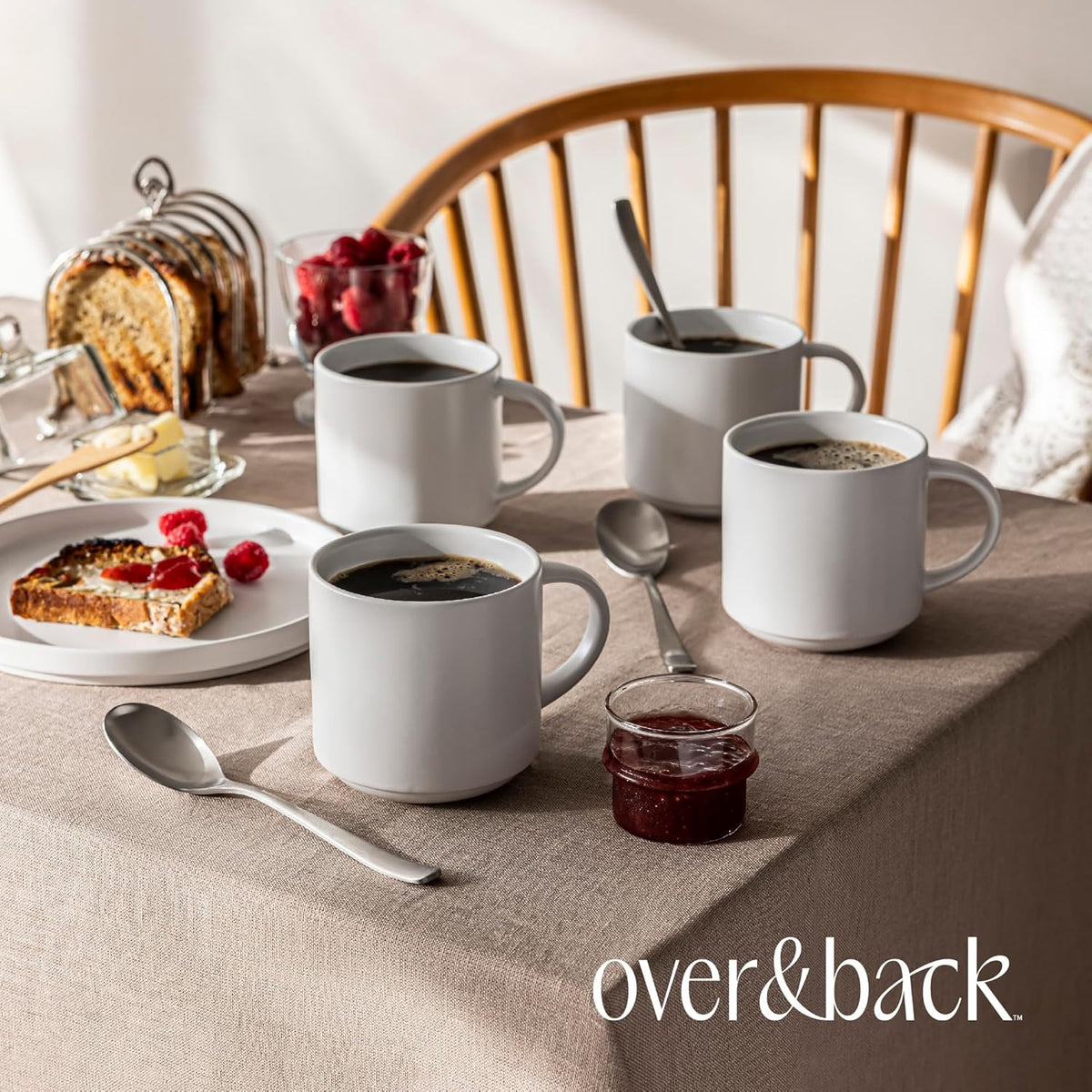 over&back Coffee Mugs Set of 4 – 14oz Ceramic Coffee Mug for Tea, Latte & More – Stackable Stoneware Coffee Cups with Semi-Matte White Finish – Durable & Stylish Drinkware