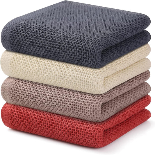 Kitinjoy 100% Cotton Waffle Weave Kitchen Towels, 4-Pack Super Soft and Absorbent Dish Towels for Drying Dishes, Kitchen Hand Towels, 13 in x 28 in, Multicolor