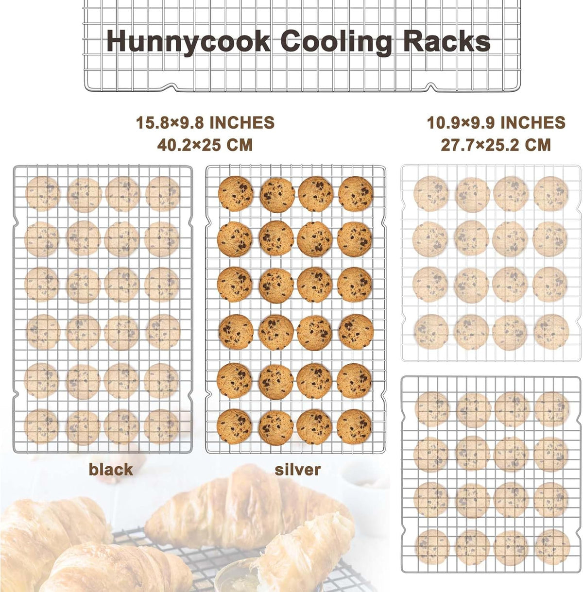 15.8”×9.8” Cooling Rack, 3P Stainless Steel Baking Rack, Oven Safe Cooling Racks for Cooking and Baking, Silver Roasting Rack & Wire Rack & Cookie Cooling Rack for Roasting, Grilling, Drying