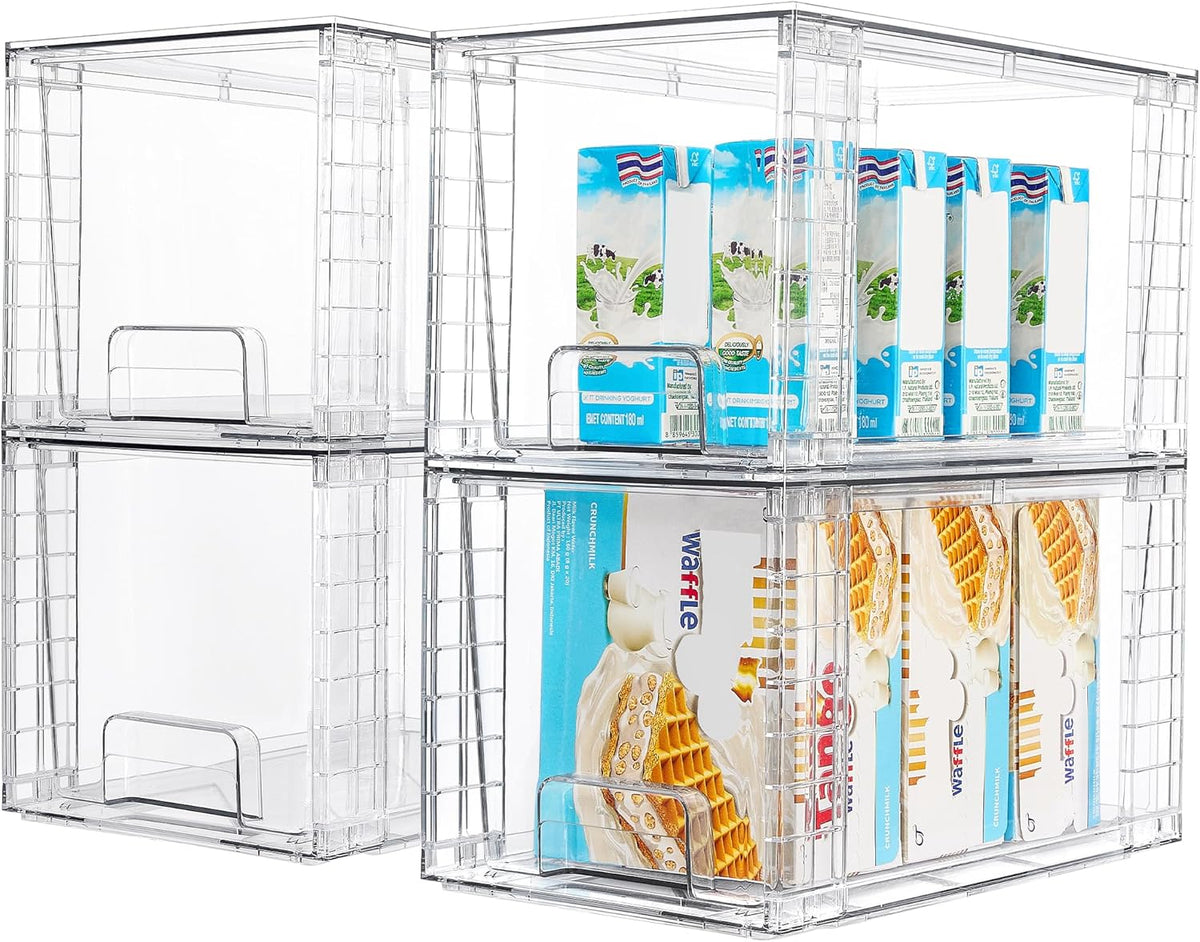 Vtopmart 4Pack Large Stackable Kitchen Pantry Storage Drawers, Clear Organizer Bins with Handles, Acrylic Drawer Organizers for Kitchen Pantry, Bathroom Undersink, Cabinet Organization and Storage
