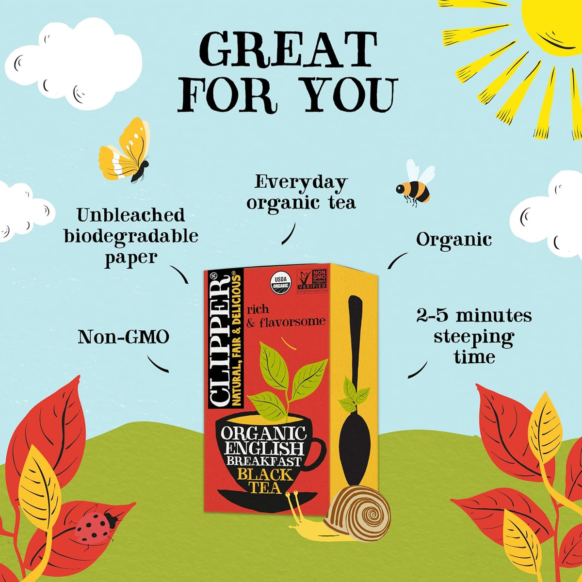Clipper Tea Organic Fairtrade English Breakfast, Big Ben - USDA Organic, Non-GMO, Fair Trade, Sustainable Caffeinated Tea, 1 Pack, 20 Unbleached Tea Bags