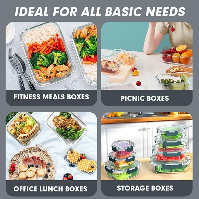 VERONES 30 Pieces Glass Meal Prep Containers Set, Stackable Glass Food Storage Containers with Lids-Airtight Glass Lunch Containers，for Microwave, Oven, Freezer & Dishwasher,Grey