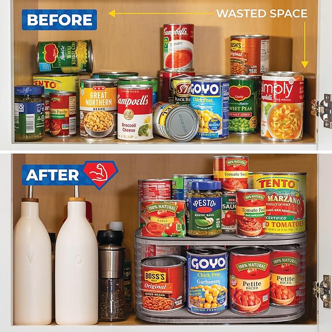 Mighty Susan Kitchen Organizer for Canned Goods: 2-Tiered Robust Turntable Organizer for Cabinet/Pantry. Steel Reinforced Holds Up To 30 lbs. Rotates 360° for Maximum Visibility. Includes 2 Bonus Bins