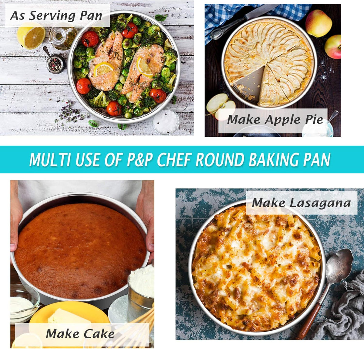 P&P CHEF 9.5 Inch Round Cake Pan Set of 3, Stainless Steel Round Baking Layer Pans Bakeware for Layer Birthday Cake, Fit Oven/Pots/Pressure Cooker, Leakproof & Dishwasher Safe, Silver