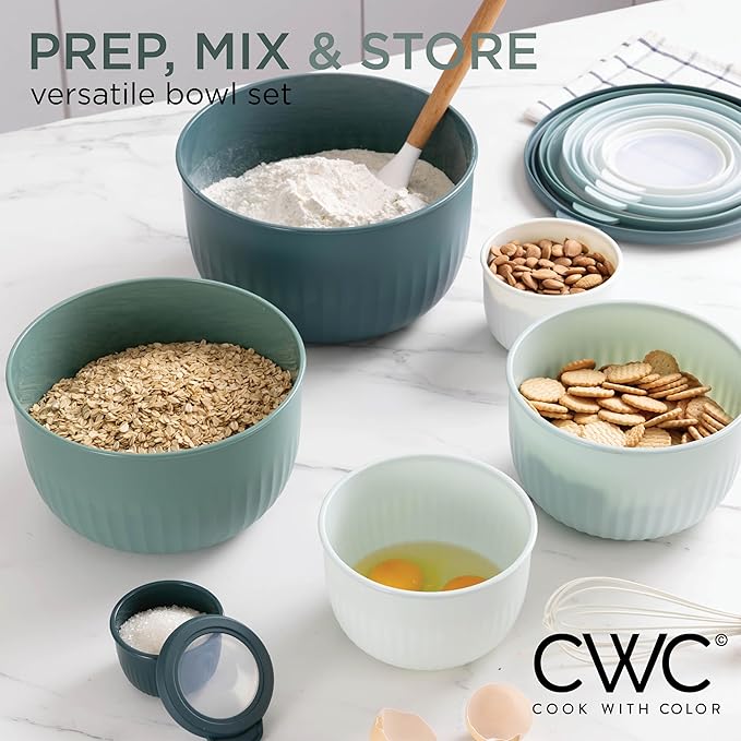 COOK WITH COLOR Prep Bowls with Lids- Wide and Deep Nesting Plastic Small Mixing Bowl Set with Lids, 12 Piece Set - Deep Bowls, Teal
