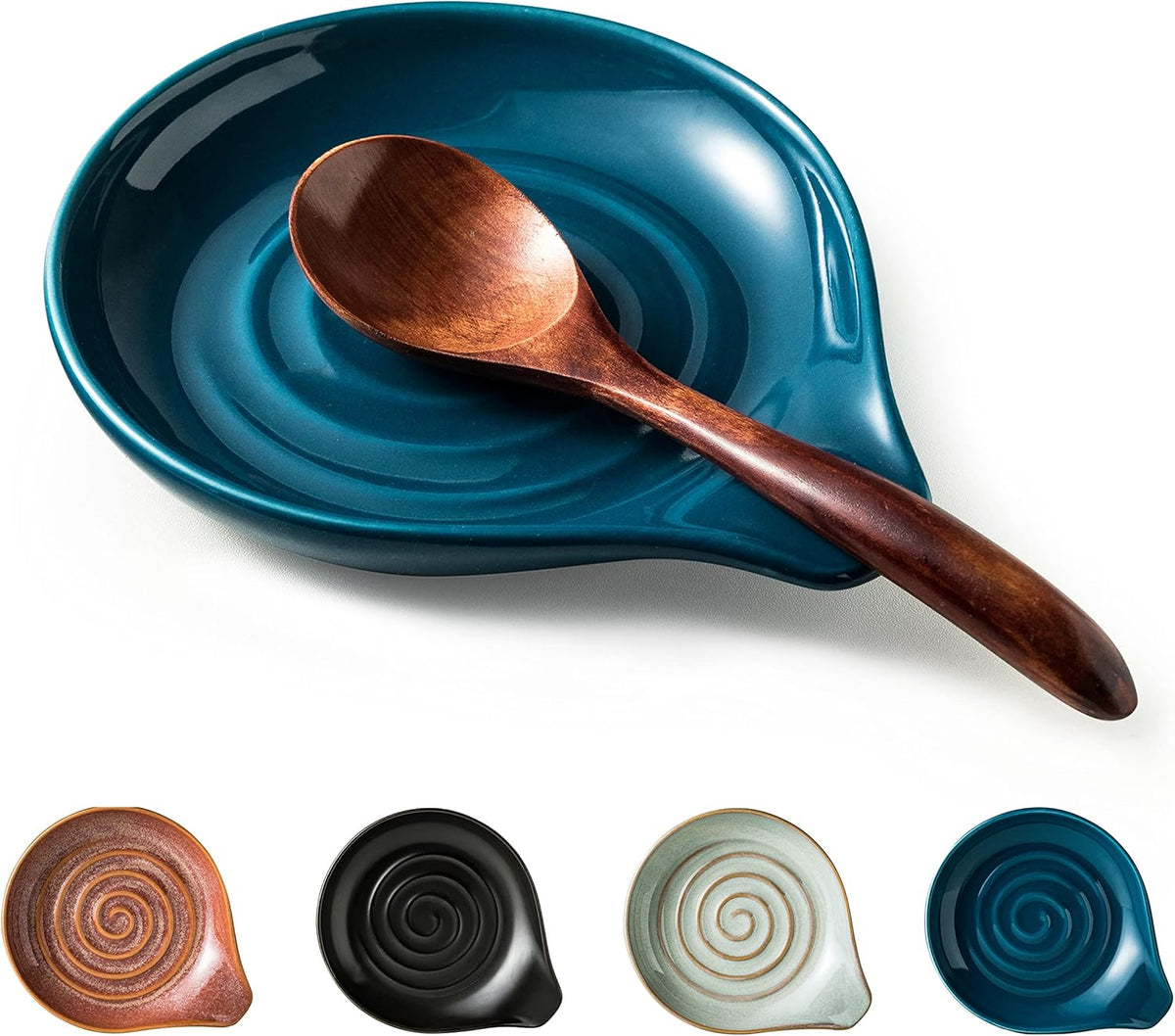 Spoon Holder, Ceramic Spoon Rest for Kitchen Counter Farmhouse Cooking, Large Utensil Rest for Spoons, Ladles, Tongs, Spatula, 5 Inches (Blue)