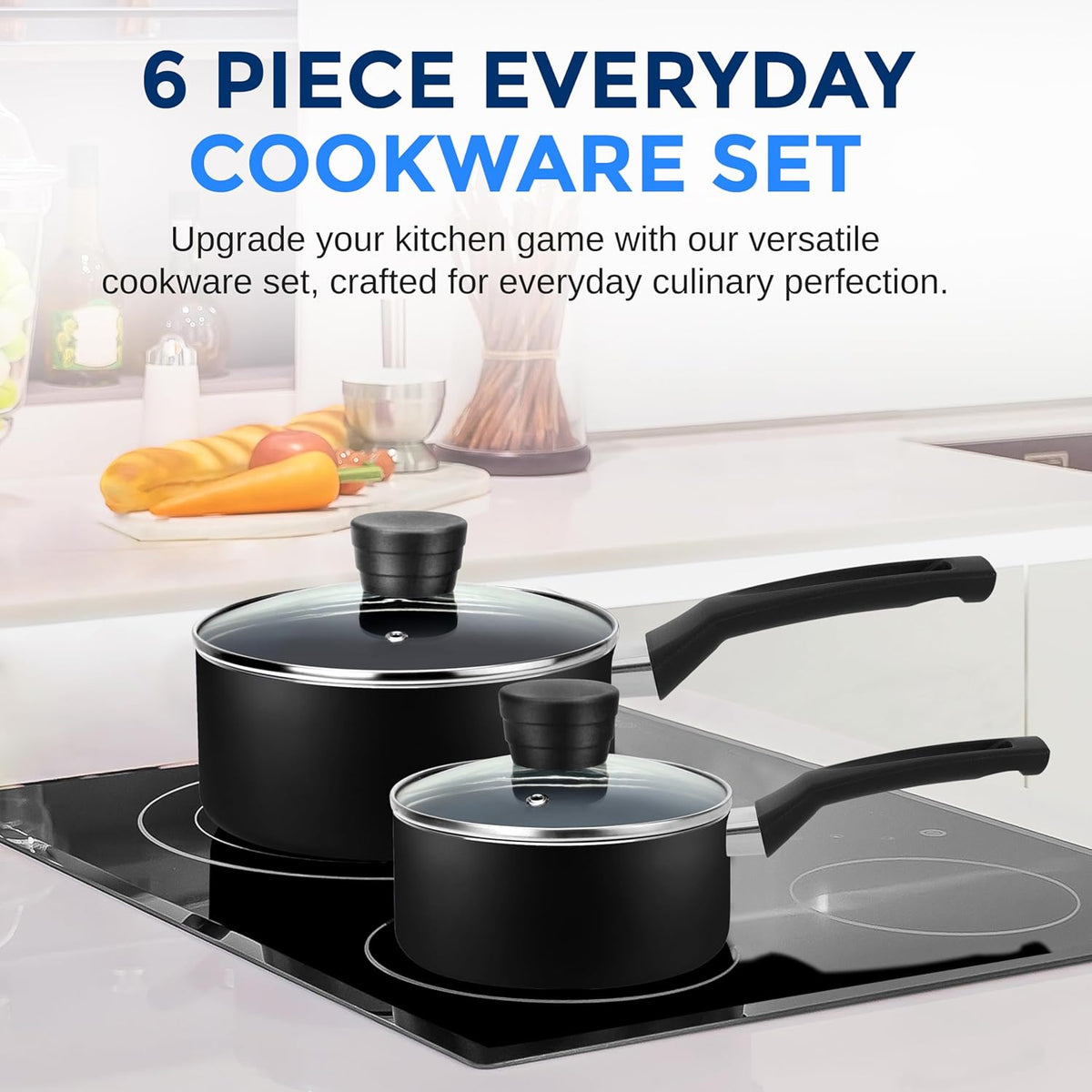 SereneLife 6-Piece Pots and Pans Set – Nonstick Cookware, Black Coating, Heat-Resistant, Dishwasher safe, Includes Fry Pans, Saucepans with Lids, Color Black