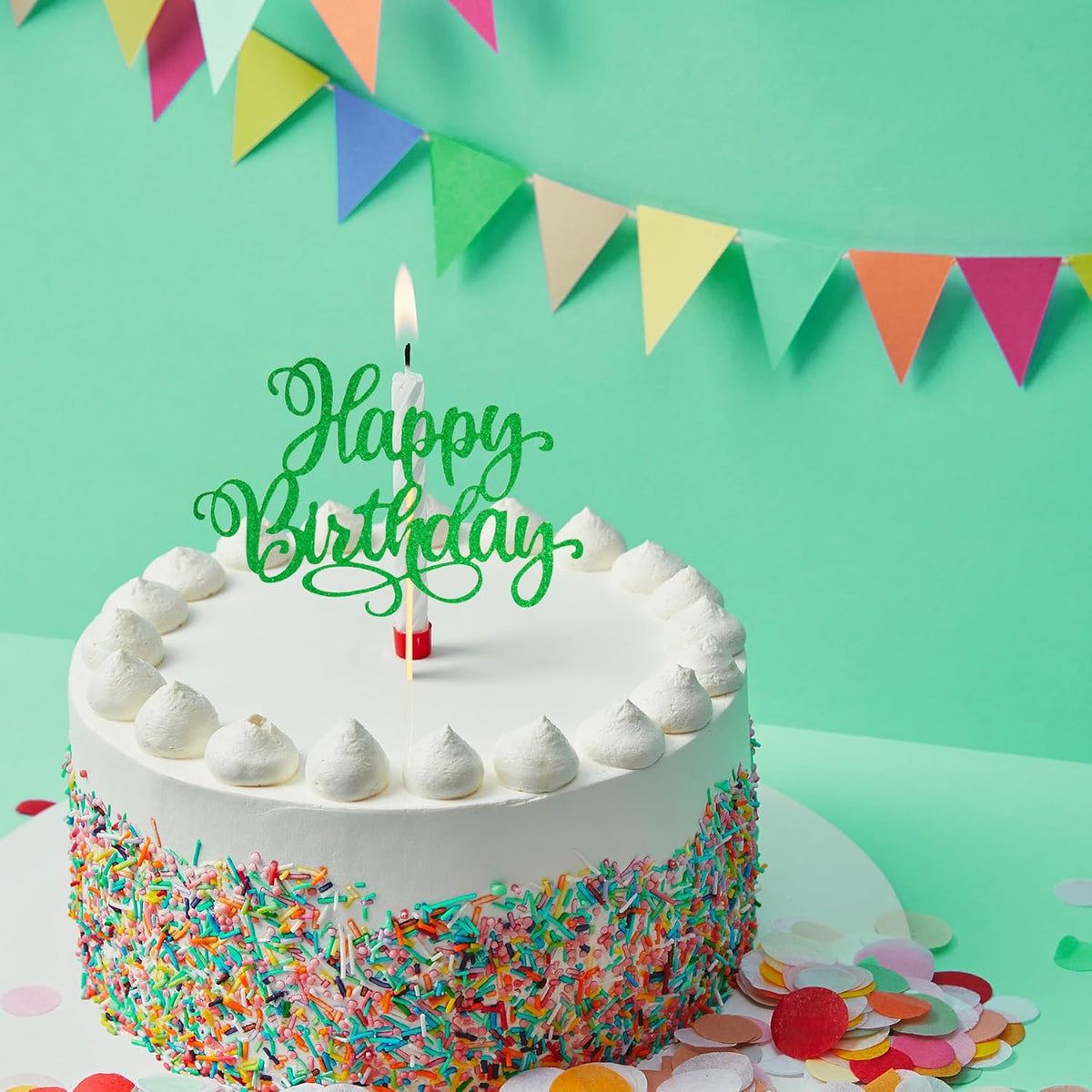 Happy Birthday Cake Toppers 9 Inch Glitter Happy Birthday Cake Pick for Birthday Anniversary Theme Party Cake Decorations Supplies - Hunter Green