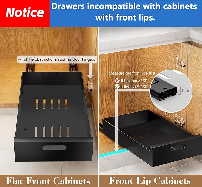 HBL' 2 Pack | 16.9" Deep Pull Out Cabinet Organizer Adhesive, 10-Inch Wide Sturdy Carbon Steel Roll-Out Drawers for Face Frame or Frameless Cabinets, Slide-Out Shelves for Pantry.