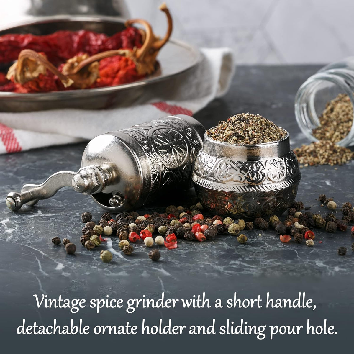 Decorative Black Pepper Grinder, Refillable Turkish Spice Mill with Adjustable Coarseness, Manual Pepper Mill with Handle, Spice Grinder Metal with Hand Crank, Bright Silver