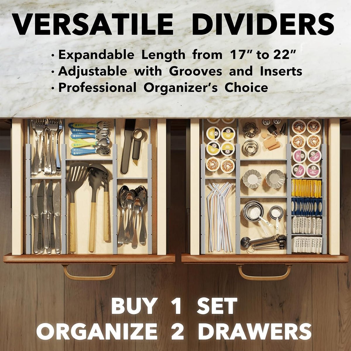 SpaceAid Bamboo Drawer Dividers with Inserts and Labels, Kitchen Adjustable Drawer Organizers, Expandable Organization for Home, Office, Dressers, 10 Dividers with 24 Inserts (17"-22" Gray)