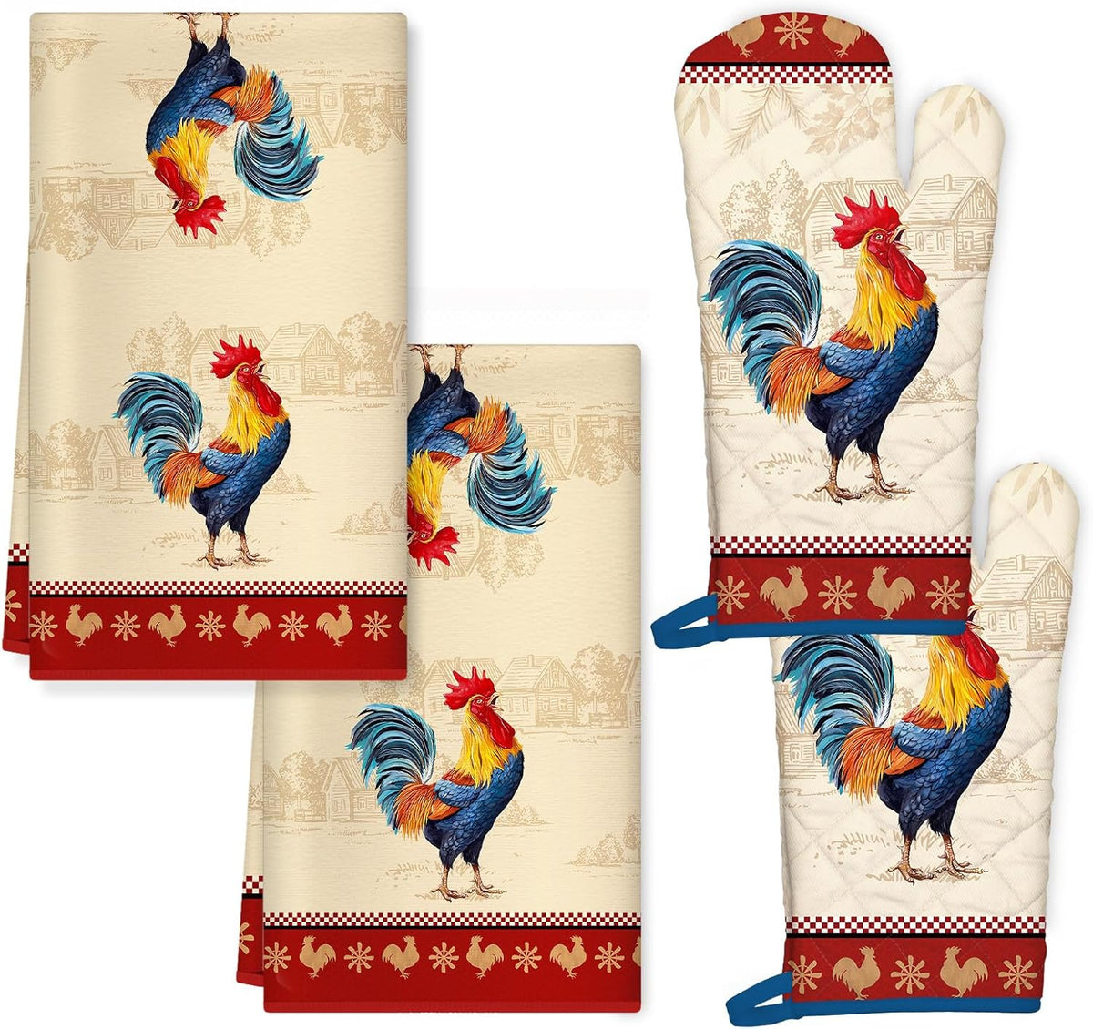 Farmhouse Rooster Kitchen Towels and Oven Mitts Set 4Pcs, Soft Absorbent Dish Cloth Heat Resistant Oven Gloves for Cooking Baking Kitchen Decoration, Gifts for Her