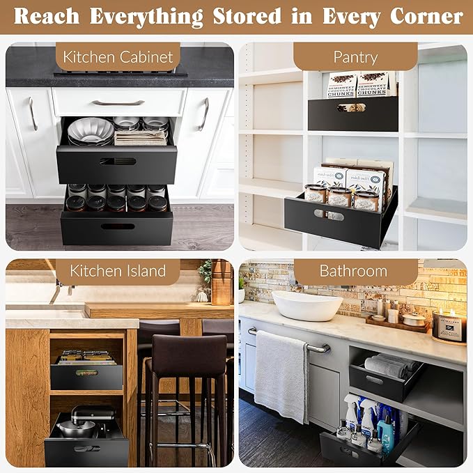 HBL' 2 Pack | 16.9" Deep Pull Out Cabinet Organizer Adhesive, 12-Inch Wide Sturdy Carbon Steel Roll-Out Drawers for Face Frame or Frameless Cabinets, Slide-Out Shelves for Pantry.