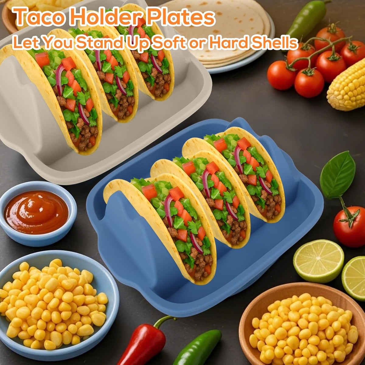 Silicone Taco Holders Set of 2 - Reusable Taco Stand with Dividers for Hard/Soft Shells, Microwave & Dishwasher Safe, Non-Slip Taco Serving Plates for Taco Tuesday, Party, Fiesta（white + navy）