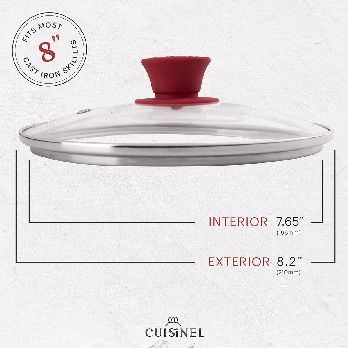 Glass Lid with Steam Vent Hole - 8"-Inch/20.32cm - Compatible with Lodge Cast Iron Skillet Pan - Fully Assembled Universal Replacement Cover - Tempered and Oven Safe - Reinforced Stainless Steel Rim