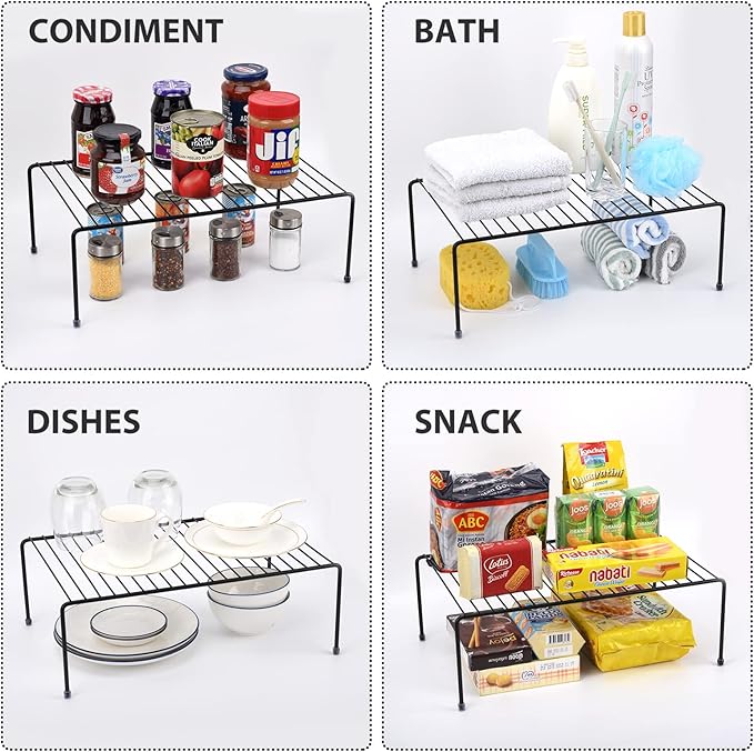 Large Cabinet Storage Shelf Rack (16.1 x 10.2 Inch), Kitchen Counter Organizer, Fridge and Bathroom Cupboard Storage Rack (Black, 2)