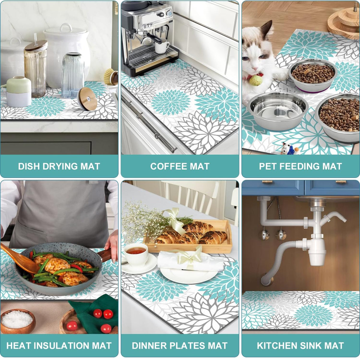 Findosom 2PCS 17" x 32" Dish Drying Mat & 24" x 5.5" Sink Splash Guard, Super Absorbent & Cuttable Dish Mat Drying Kitchen Mat with Teal Floral, Hide Stain Drying Mat for Kitchen Counter
