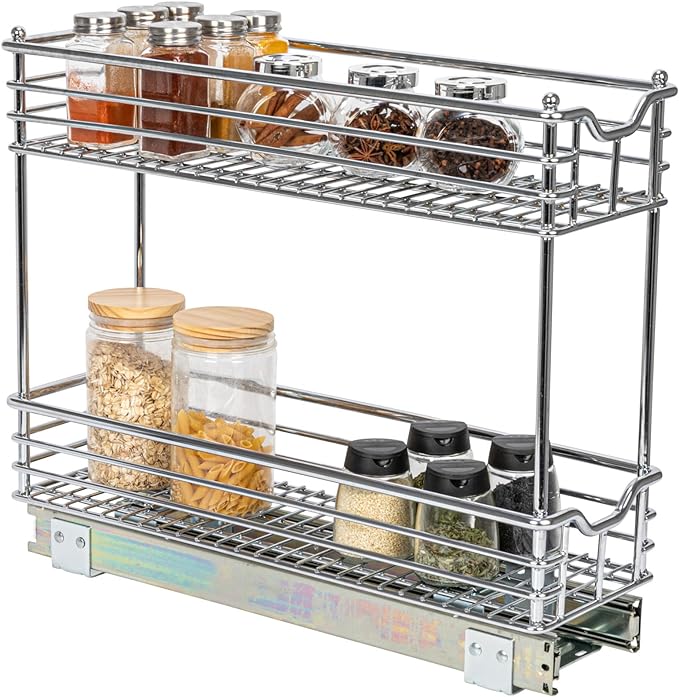 Household Essentials Narrow Sliding Cabinet Organizer, Two Tier Chrome Organizer, Chrome, Great for Slim Cabinets in Kitchen, Bathroom and More