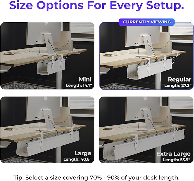 Ascrono Original No Drill Under Desk Cable Management Tray 27.3" - Premium White Fabric Cable Management Under Desk - Clamp/Screw Mount Cord Organizer - Supports Upto 66lbs