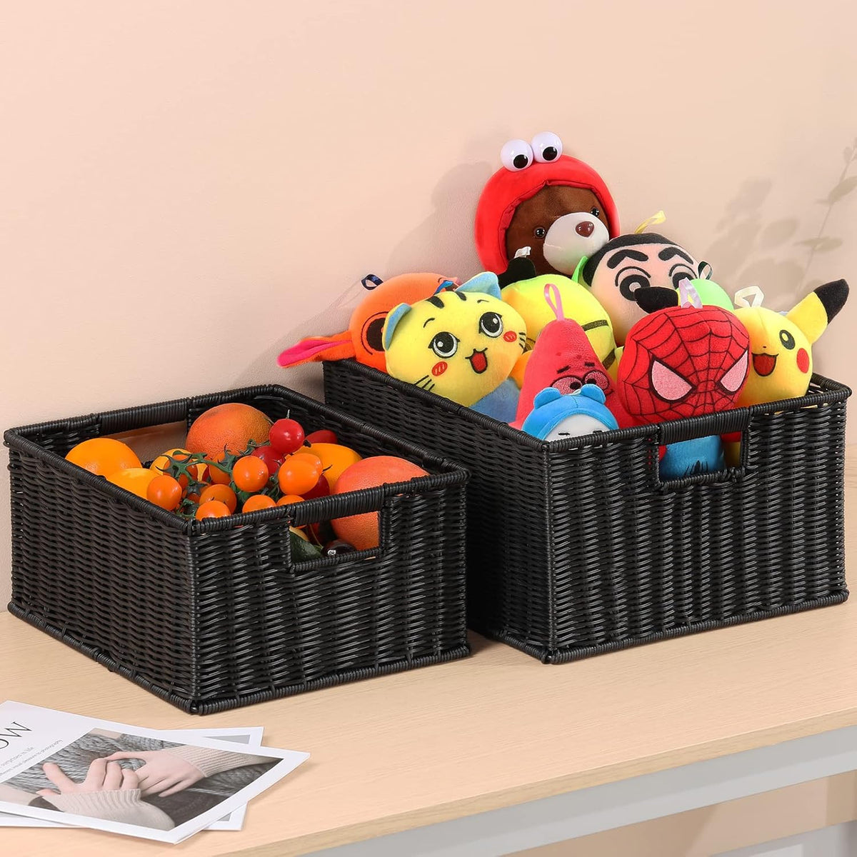 HOONEX Large Wicker Baskets for Storage, Plastic Baskets for Organizing with Dual Handles, Woven Baskets for Storage, Set of 2, (Black, 15 x 12.8 x 7.5 inches)