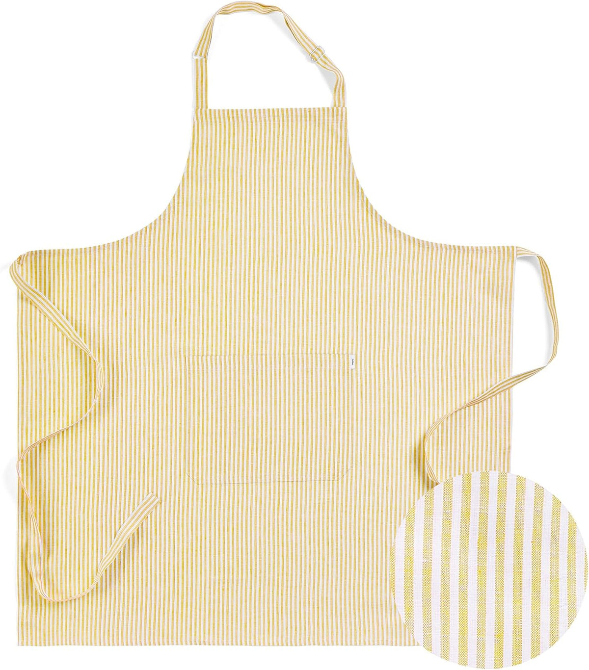 Solino Home 100% Pure Linen Apron for Women & Men - Spicy Mustard and White Stripe Full Midi Bib Apron, Adjustable Neck Strap with Center Pockets for Kitchen, Chef - Handcrafted from European Flax