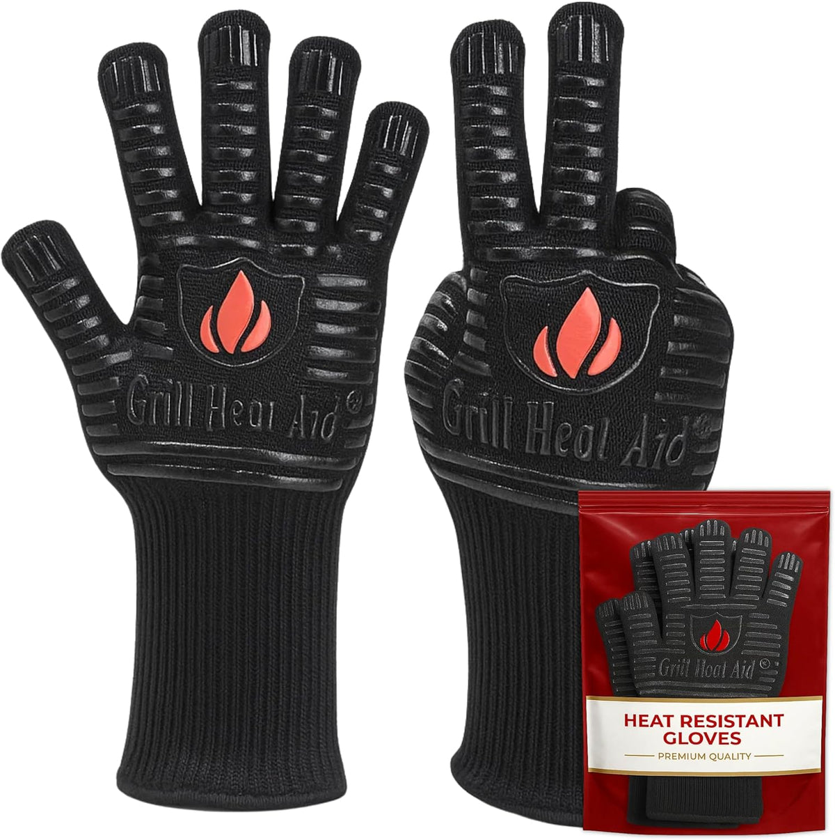 GRILL HEAT AID BBQ Grill Gloves Heat Proof for Grilling – Fireproof 1472°F Heat-Resistant Grill Mitts for Outdoor Barbecue and Smoker, Campfire, Fire Pit, Oven Glove with Fingers for Baking Pizza
