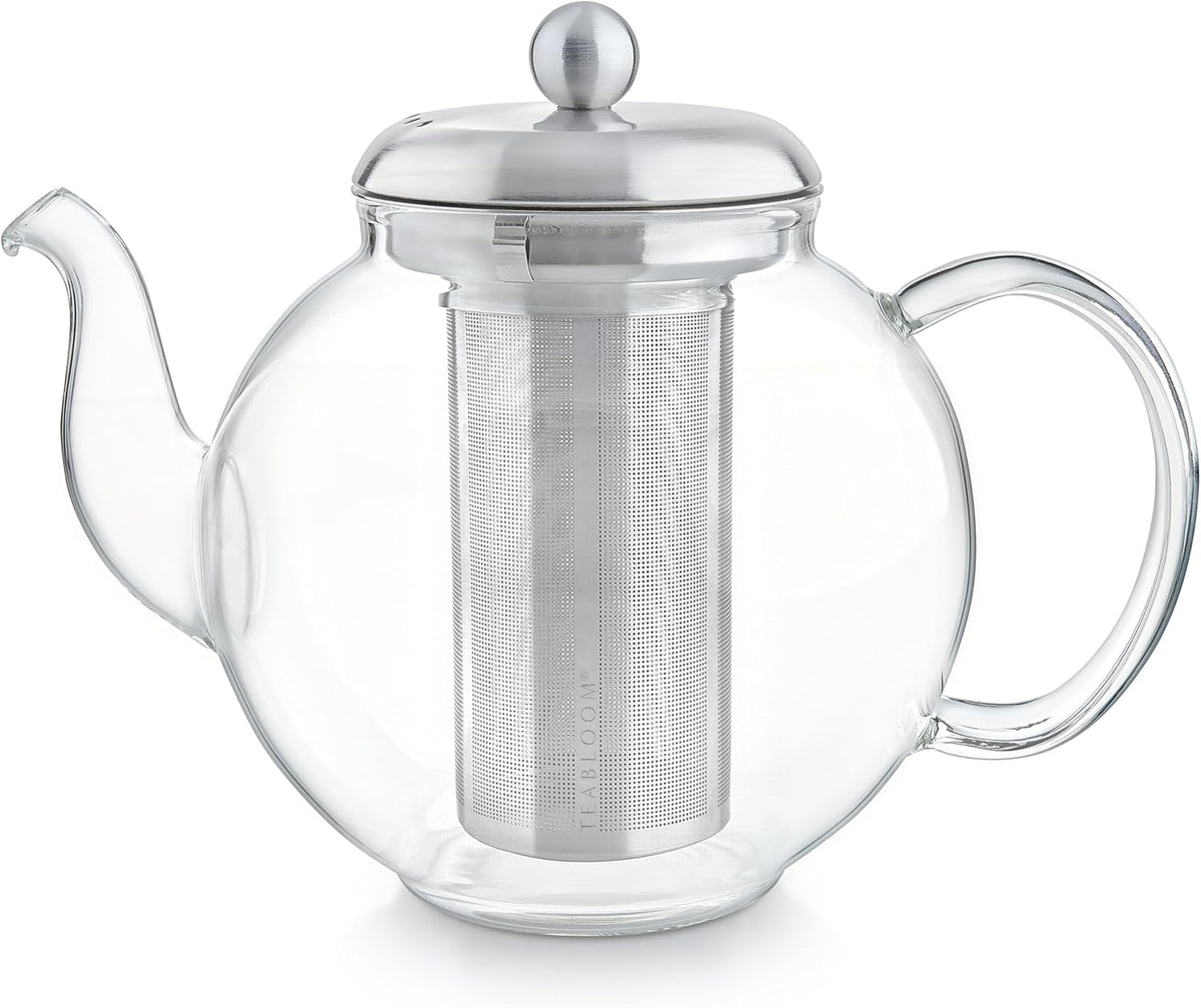 Teabloom Heritage Borosilicate Glass Teapot – 40 oz Classic Round Design with Stainless Steel Infuser – Stovetop Safe, Drip-Free Spout, Durable Heat-Resistant Tea Kettle for Loose Leaf or Teabags