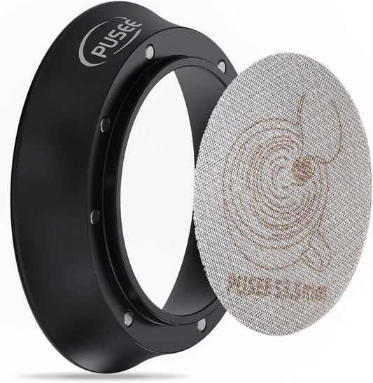 54mm Espresso Dosing Funnel & 53.5mm Puck Screen,PUSEE Coffee Dosing Ring Aluminum Metal,Reusable 1.7mm Thickness 150μm Espresso Puck Screen 316 Stainless Steel Fits 54mm Portafilter