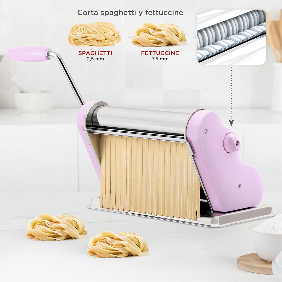PASTALINDA Classic 260 Pasta Maker Machine, 26 cm Wide Rollers, 9 Thickness Positions, 2 Cutting Positions, Stainless Steel. Includes Reinforced Hand Crank And Two Clamps (Lilac)
