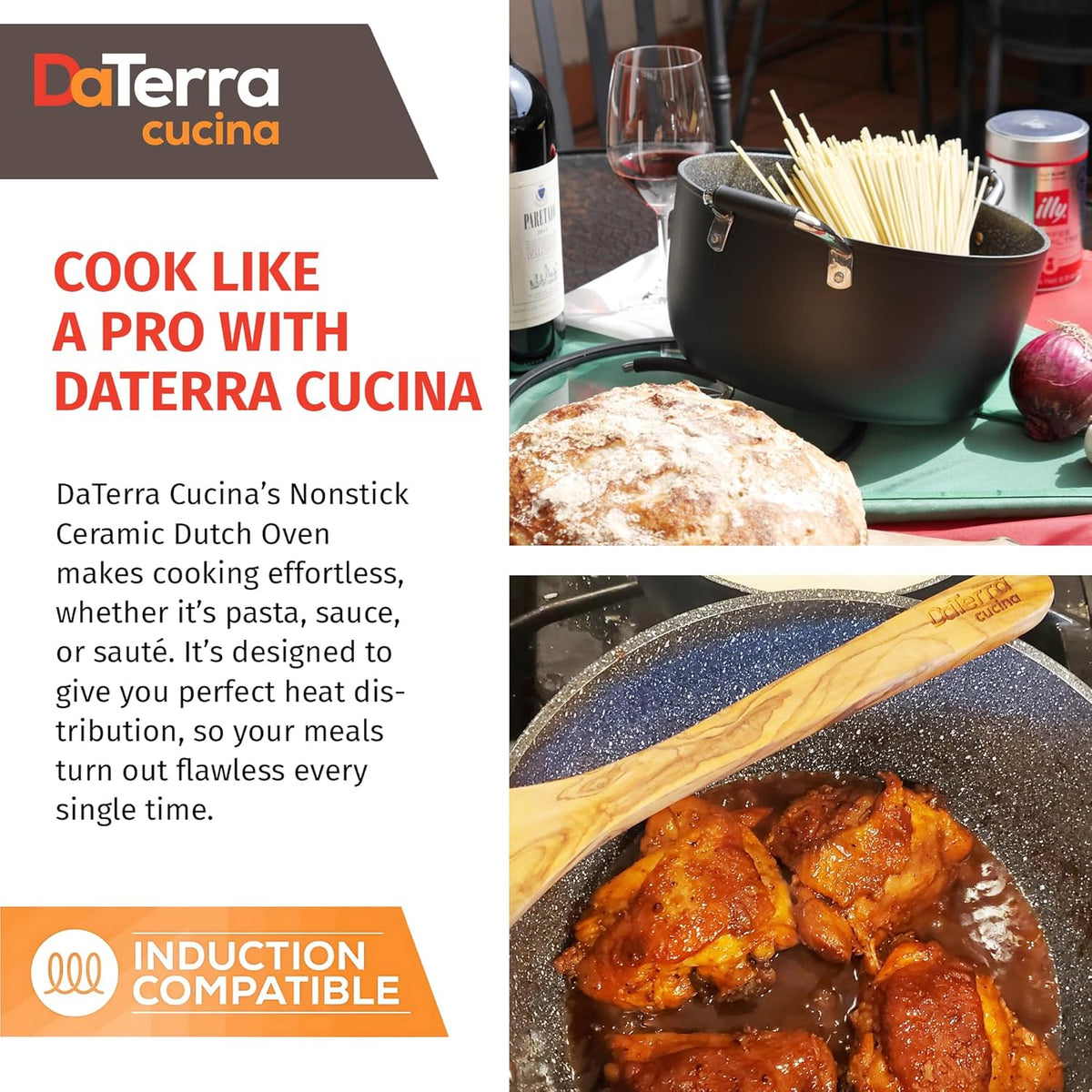 DaTerra Cucina - 5 Qt Nonstick Ceramic Dutch Oven Pot with Lid – Lightweight Nonstick Pot with Dual Handles, Perfect for Soup, Pasta, Sautéing, Searing, Induction & Stovetop Safe - Black