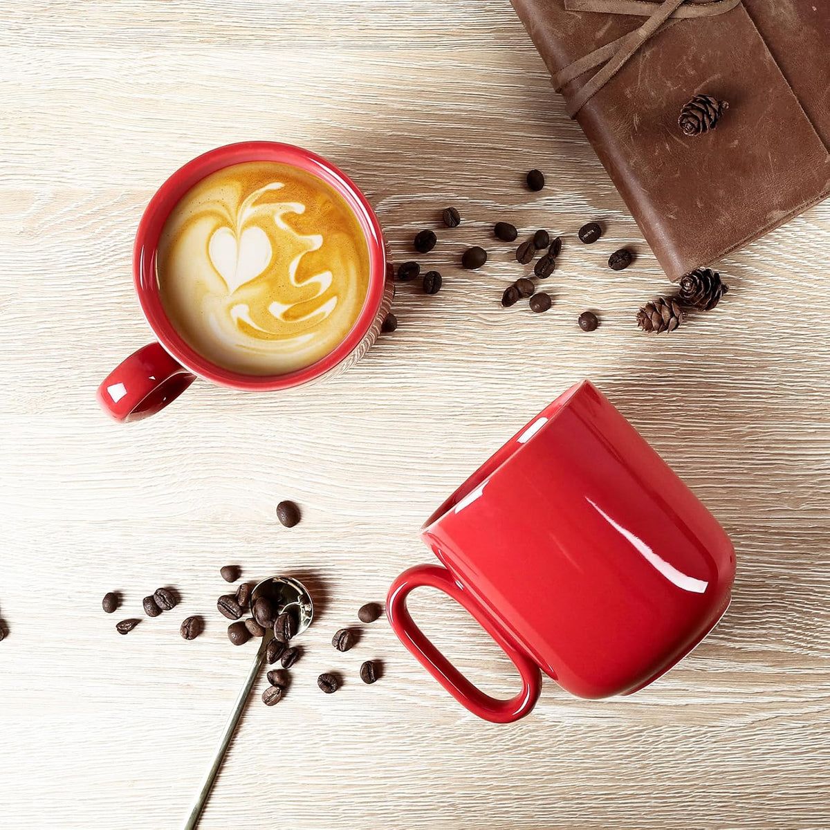 vicrays Ceramic Coffee Mug Set - 18 Ounce Large Stoneware Mug for Men Women - Unique Glazed Porcelain Mugs with Handle for Coffee Latte Tea Milk Cocoa - Set of 4 (Red)