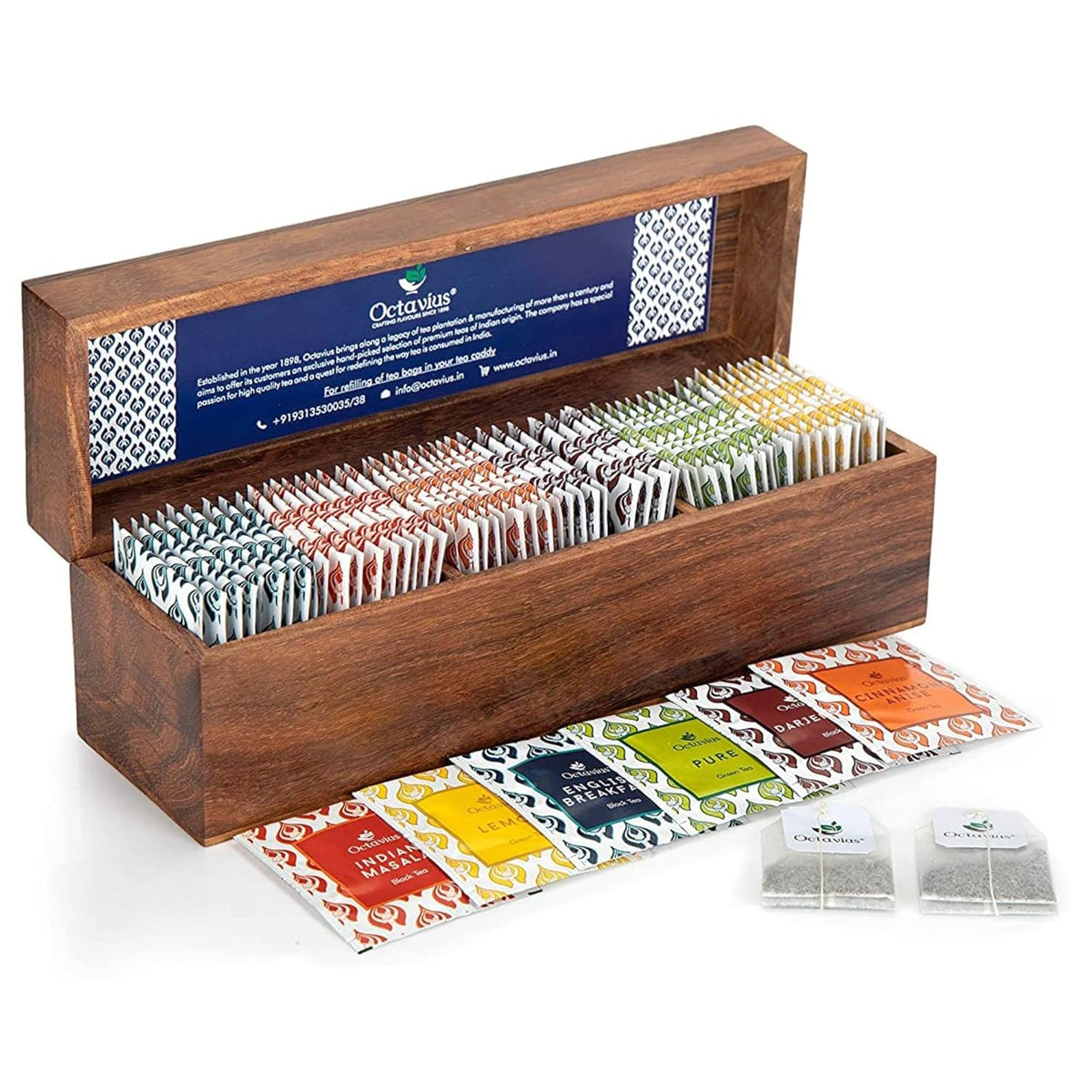Octavius Gift's Select - Assorted Tea in Wooden Box | 6 Flavors, 60 Tea Bags | Black & Green Tea | Gifts for Women & Men | Pack of 1