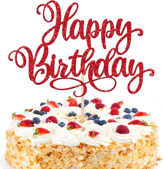 1 PCS Happy Birthday Cake Topper Glitter Happy Birthday Cake Pick Bunting Decor for Anniversary Celebrating Happy Birthday Party Cake Decorations Supplies Red