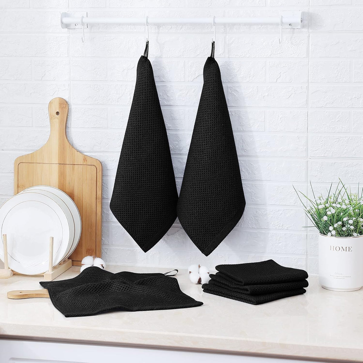 Kitinjoy 100% Cotton Kitchen Dish Cloths, 6 Pack Waffle Weave Dish Towels Ultra Soft Absorbent Quick Drying Dish Rags, 12 X 12 Inches, Black