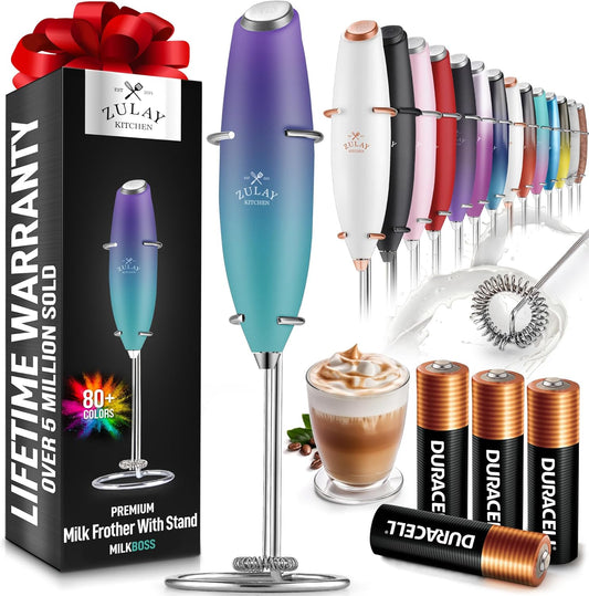 Zulay Kitchen Powerful Milk Frother Wand With 4 AA Duracell Batteries - Ultra Fast Handheld Drink Mixer - Electric Whisk Foam Maker for Coffee, Lattes, Cappuccino, Matcha & Creamer -