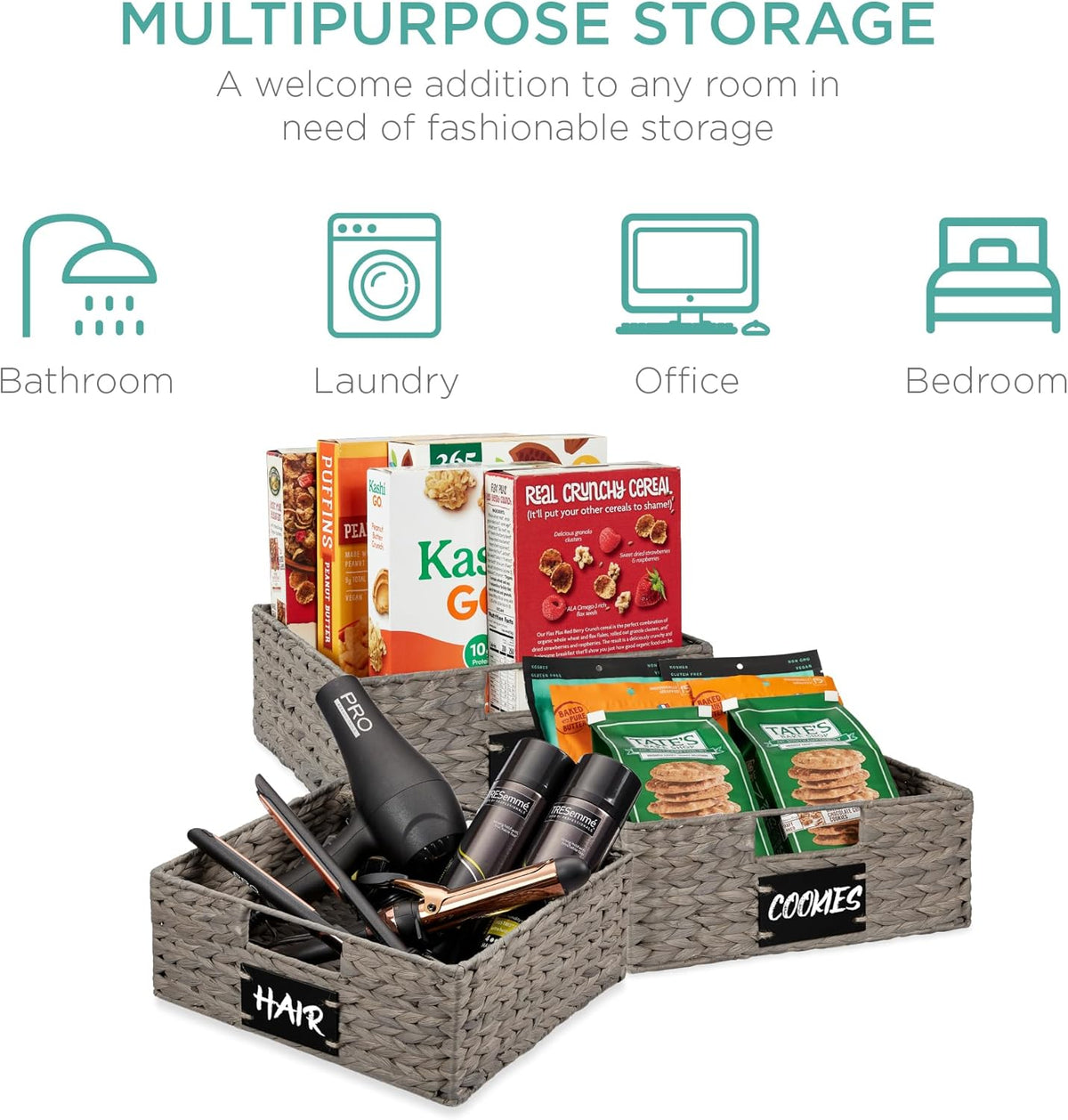 Best Choice Products Set of 4 13x12in Water Hyacinth Pantry Baskets, Woven Organizers w/Chalkboard Label, Chalk Marker - Gray