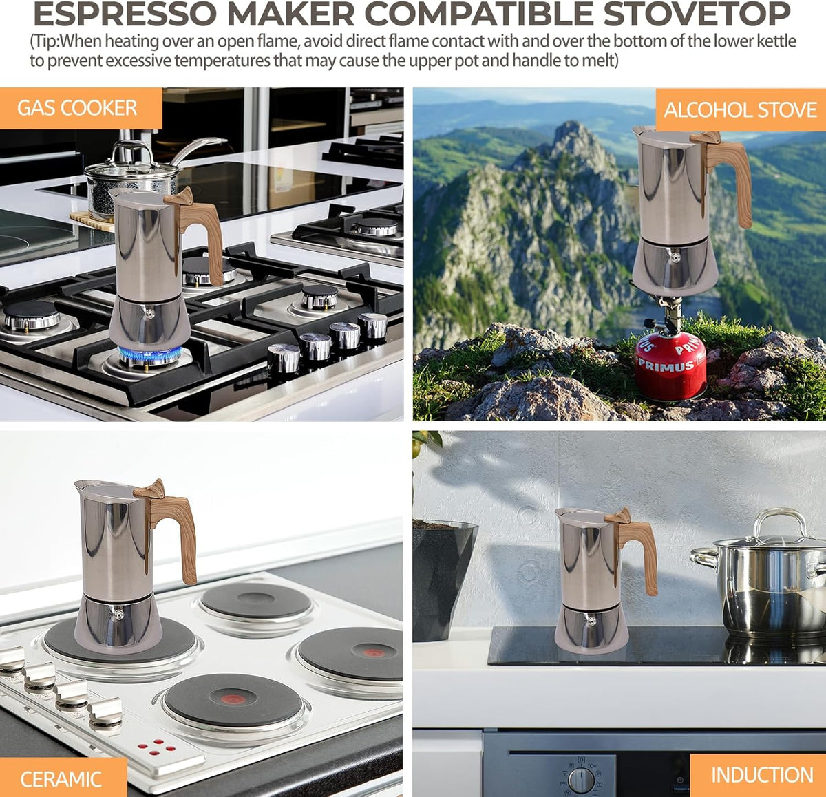 Uncoated 4 Cup Moka Pot 304 Thickened Stainless Steel Coffee Maker Stovetop Espresso Coffeemaker Italian Classic Style Brewing Greca Cafe Mocha Machine for Cafeteras Camping Travel Home 200ml 6.6oz