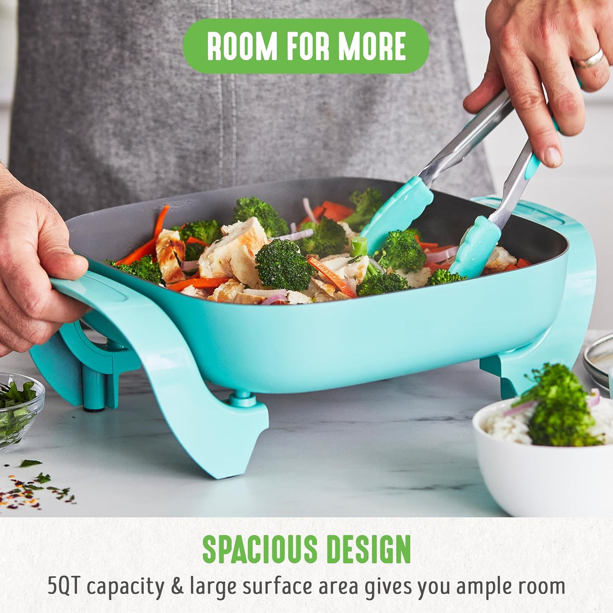 GreenLife 12" 5QT Square Electric Skillet, Glass Vented Lid, Ceramic PFAS-Free Nonstick Interior, Adjustable Temperature Control, Cool Touch Handles, Quick Even Heating, Scratch Resistant, Turquoise
