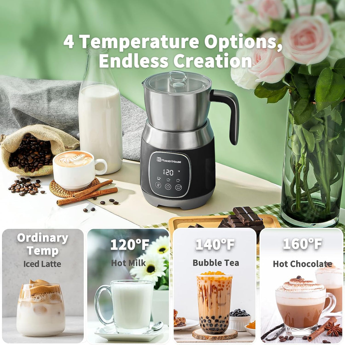 Maestri House Milk Frother, Variable Temp and Froth Thickness DualFro 600 Milk Frother Steamer, 21OZ Smart Touch Control Milk Warmer, Dishwasher Safe, Memory Function for Latte&Hot Chocolate (Black)