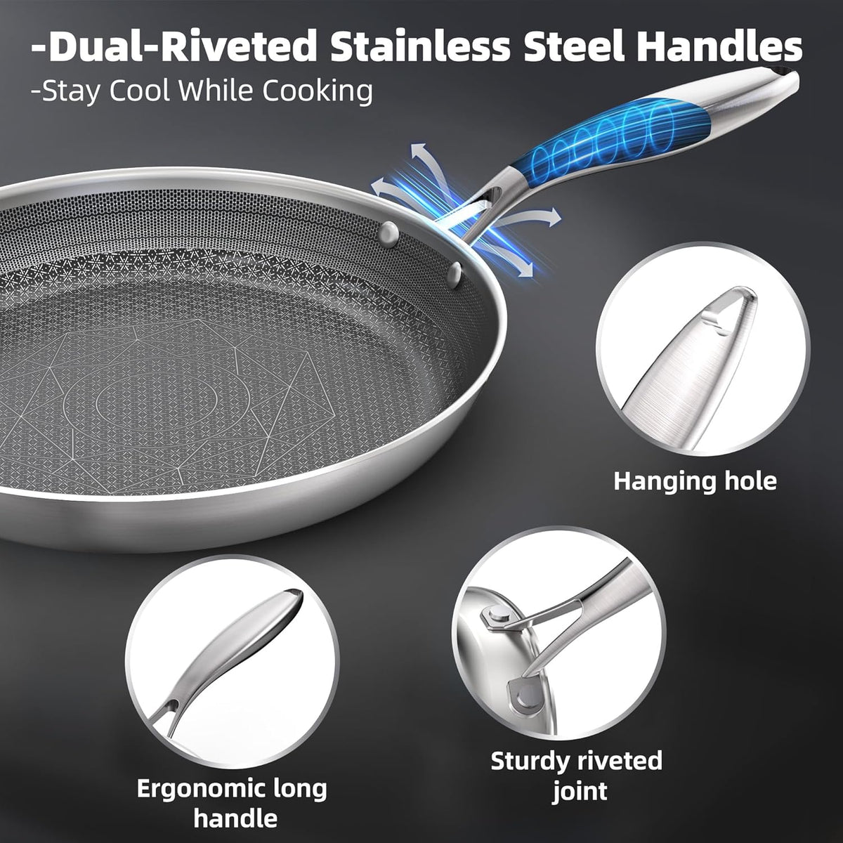 COOKING KING 10-Inch Stainless Steel Pan, Hybrid Nonstick Frying Pan, Skillet, 3-Ply Clad Cookware, Even Heat Distribution, Dishwasher & Oven Safe, with Stay-Cool Handle, Induction Compatible