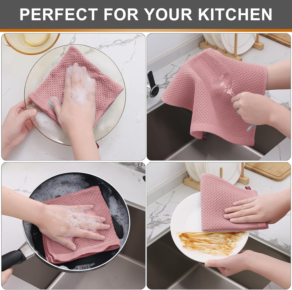 Kitinjoy 100% Cotton Kitchen Dish Cloths (12 X 12 Inches, Dried Roses),6 Pack Waffle Weave Ultra Soft Absorbent Dish Towels for Drying Dishes Quick Drying Kitchen Towels Dish Rags