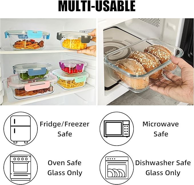 12 Pack Glass Food Storage Containers Set, Glass Meal Prep Containers with Lids, Airtight Lunch Containers, Dishwasher Safe, grey