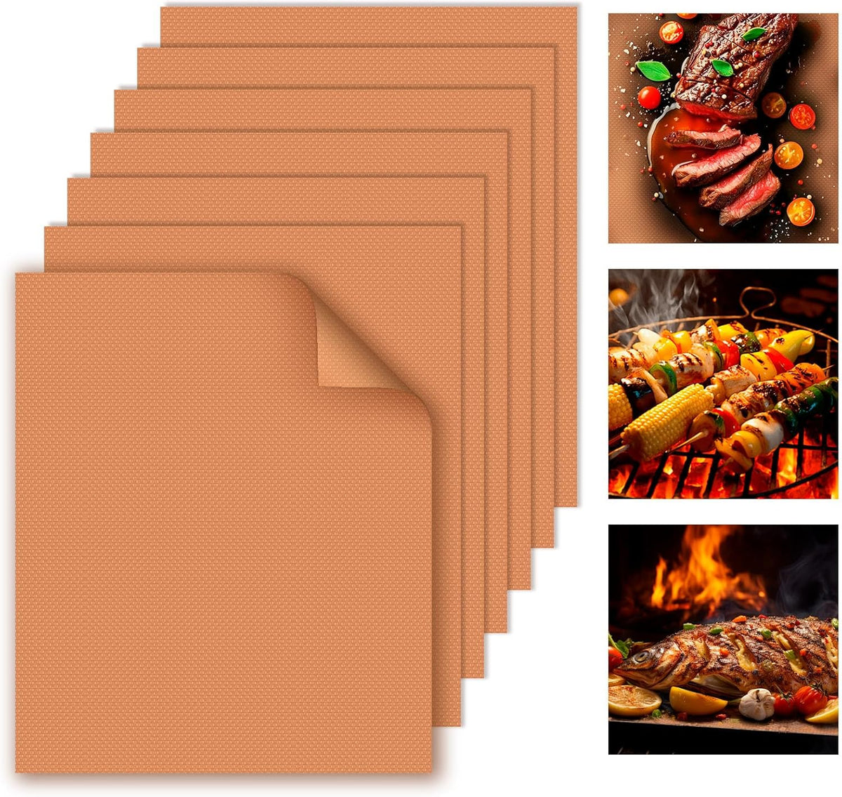 WIBIMEN Grill Mats for Outdoor Grill, Copper 7pcs Grill Mat, 100% Non-Stick PFOA Free 15.75 x 13", Heavy Duty, Reusable and Easy to Clean - Gas Charcoal & Electric BBQ